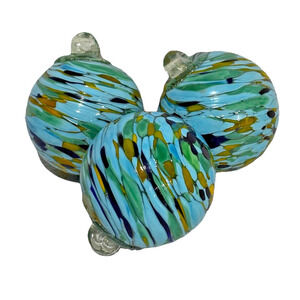 Vintage Hand Blown Blue Green Iridescent Art Glass Christmas Tree Ornaments Orbs